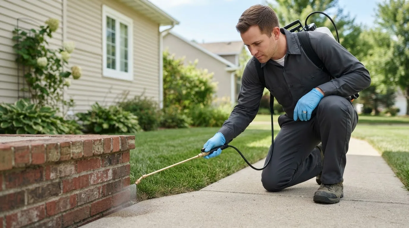 Pest control technician treating a home near Galesburg, KS