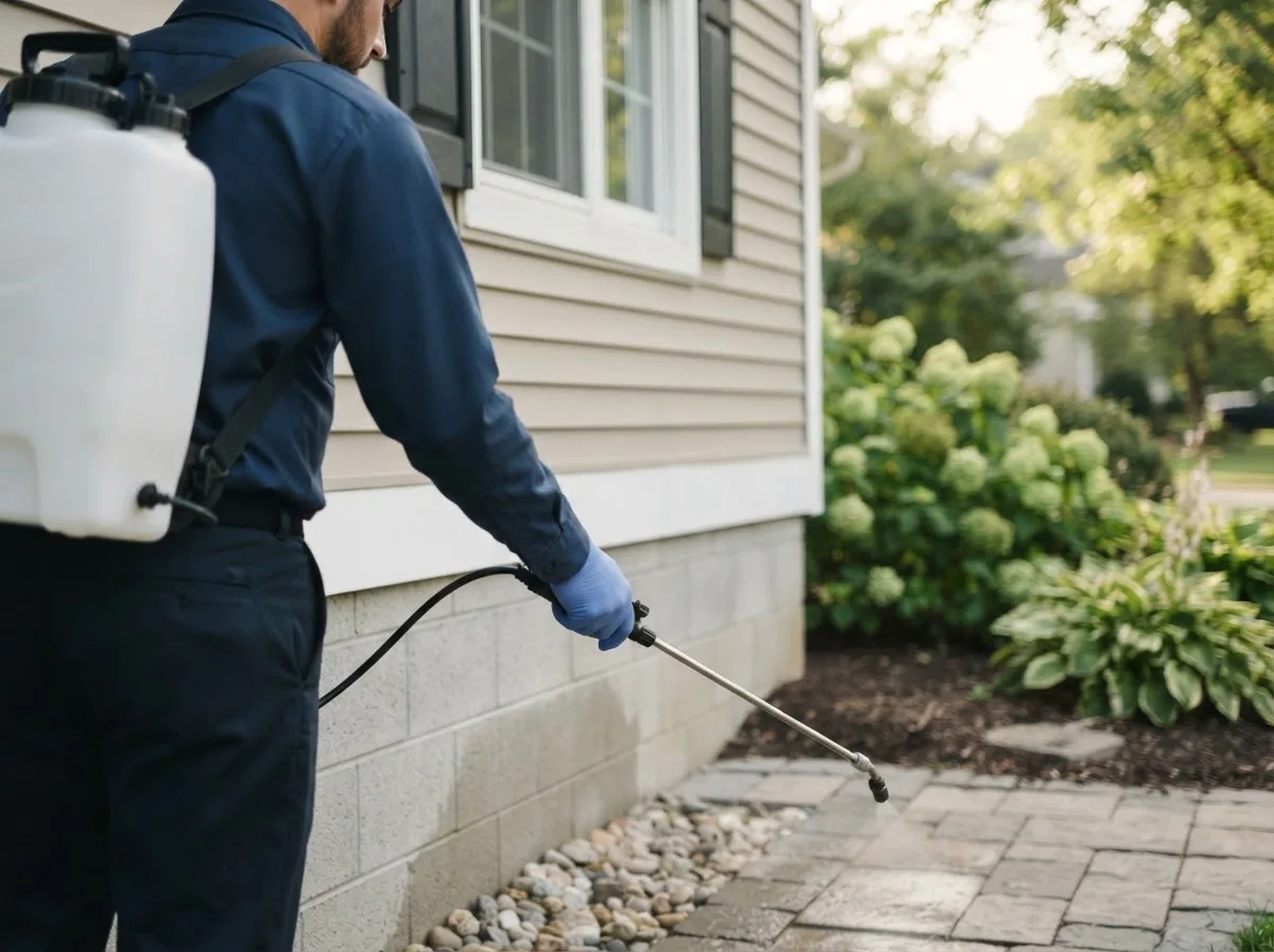 Pest control technician inspecting a home in Galesburg, KS
